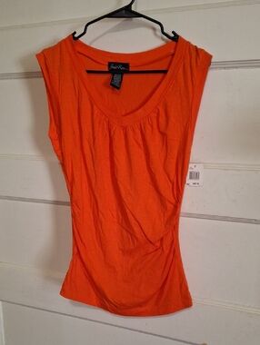 Susie Rose Orange V-Neck Gathered Sleeveless Tank Top (Mis115)